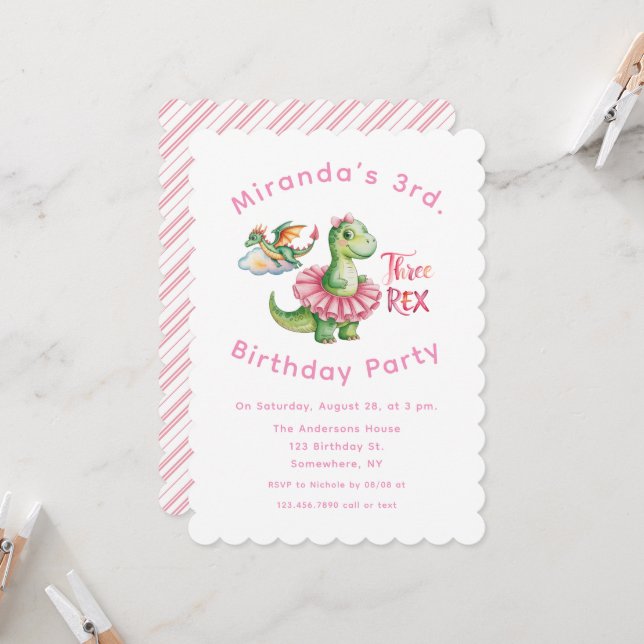 Three Rex Girl 3rd Birthday Party Invitation (Front/Back In Situ)