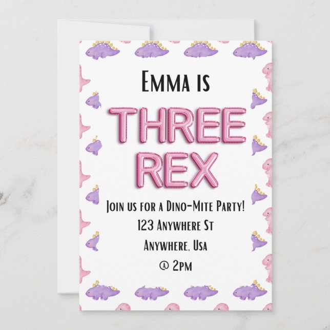 Three Rex Girl Dinosaur Birthday Party Invitation (Front)