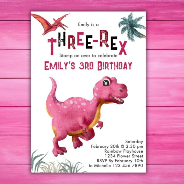 Three-Rex Girls 3rd Birthday Dinosaur Pink Dino  Invitation (Creator Uploaded)