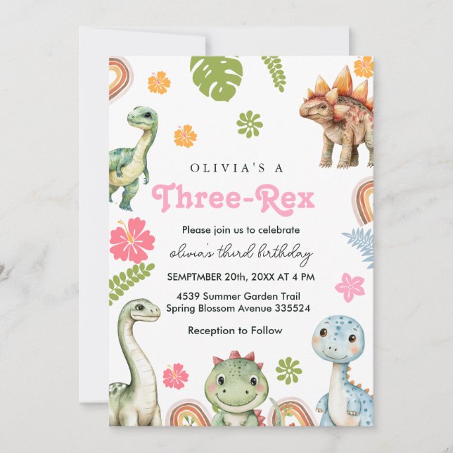 Three Rex Invitation Girl Dinosaur birthday  (Front)