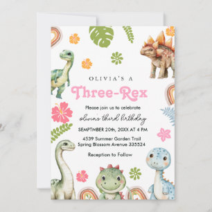 Three Rex Invitation Girl Dinosaur birthday