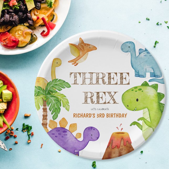 Three Rex Kids Dinosaur 3rd Birthday Party Paper Plate (Creator Uploaded)