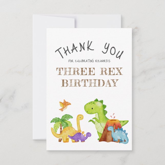 Three Rex Kids Dinosaur 3rd Birthday Party Thank You Card (Front)
