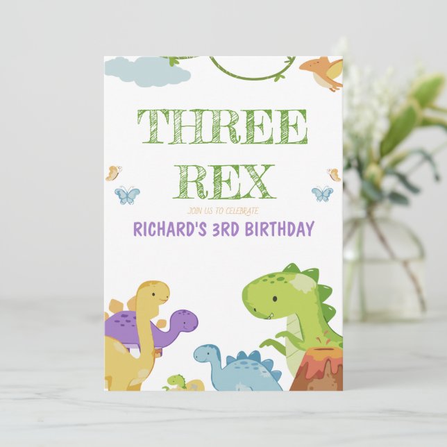 Three Rex Kids illustration 3rd Birthday Party Invitation (Standing Front)
