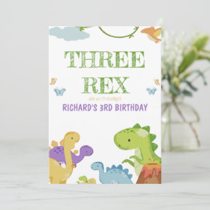Three Rex Kids illustration 3rd Birthday Party Invitation