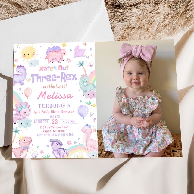 Three Rex Pink Dinosaur 3rd Birthday Party Photo Invitation (Creator Uploaded)