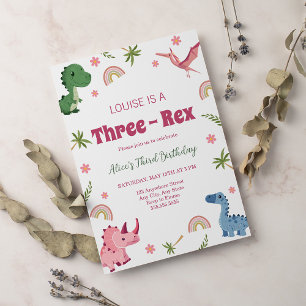 Three-Rex Pink Dinosaur Girl 3rd Third Birthday Invitation