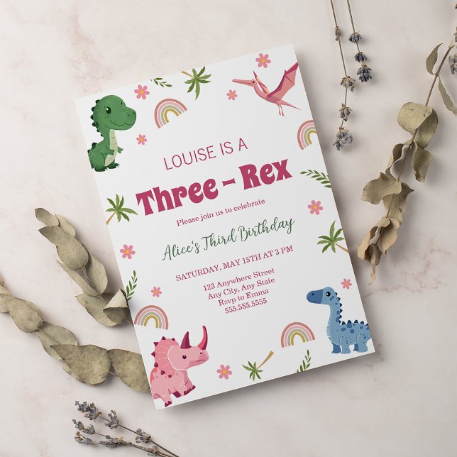Three-Rex Pink Dinosaur Girl 3rd Third Birthday Invitation (Creator Uploaded)