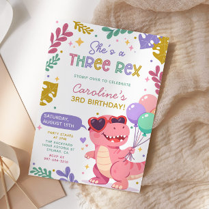 Three Rex Pink Dinosaur Girl Birthday Party Invitation