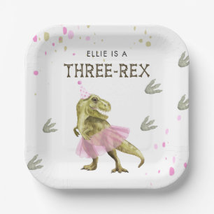 Three Rex & Pink Tutu Birthday Party Paper Plate