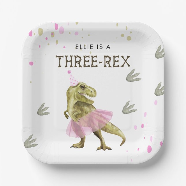 Three Rex & Pink Tutu Birthday Party Paper Plate (Front)