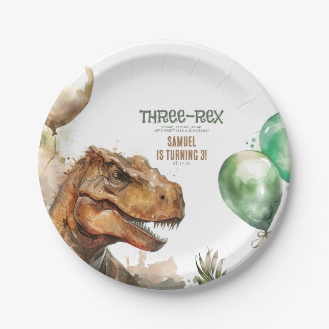 Three-Rex - Tyronasaurus Dinosaur Birthday Party Paper Plate (Front)