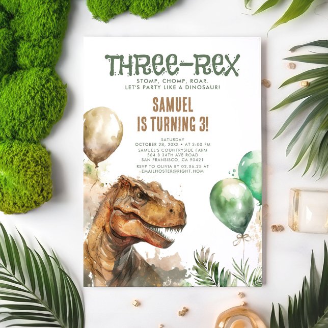 Three-Rex - Tyronasaurus Dinosaur Boy Birthday  Invitation (Dinosaur Themed 3rd Birthday Invitations - Three-Rex)