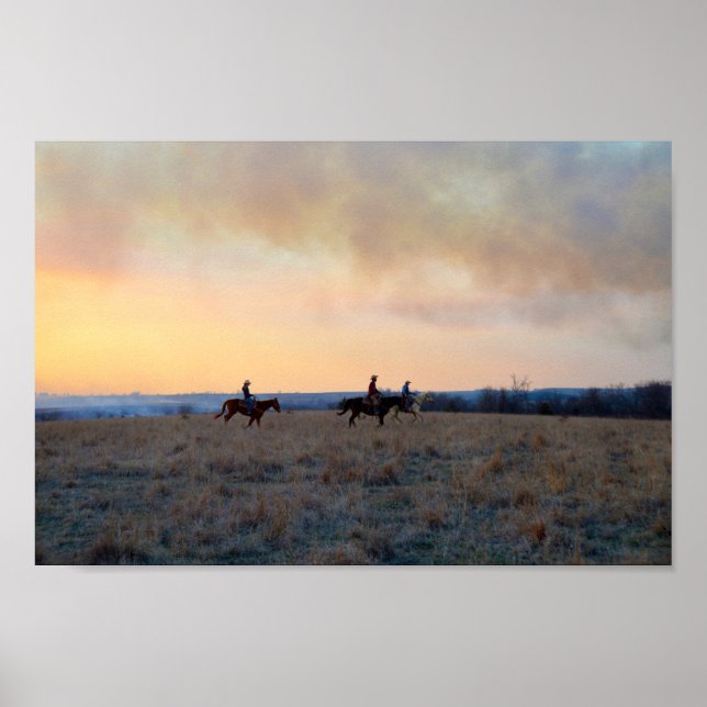 Three Riders on the Kansas Prairie at Sunset Poster (Front)