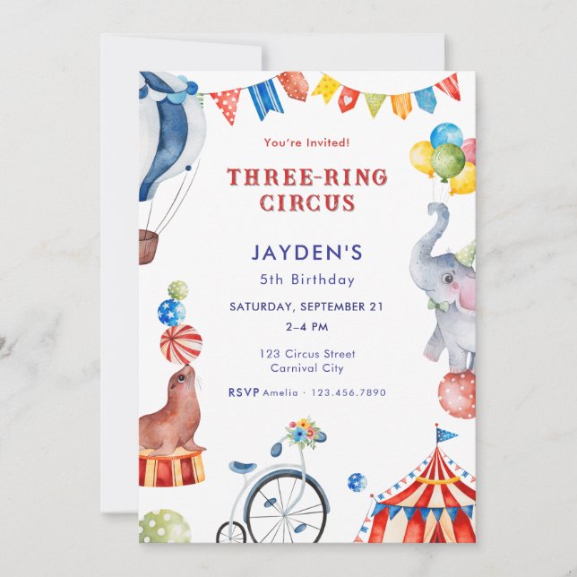 Three Ring Circus 5th Birthday Carnival Animal Invitation (Front)