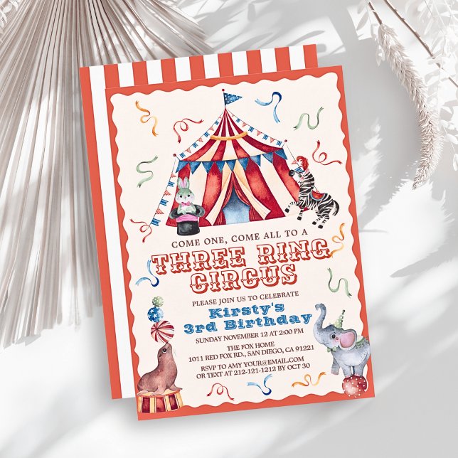 Three Ring Circus Carnival Animals 3rd Birthday Invitation (Creator Uploaded)