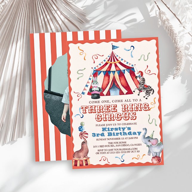 Three Ring Circus Carnival Photo 3rd Birthday Invitation (Creator Uploaded)