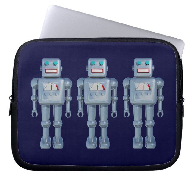 Three Robots on Dark Navy Laptop Sleeve (Front)
