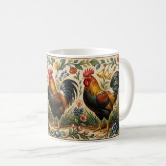 Three roosters in a blooming garden coffee mug