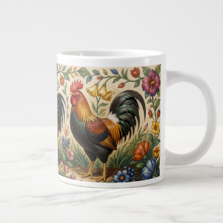 Three roosters in a blooming garden large coffee mug