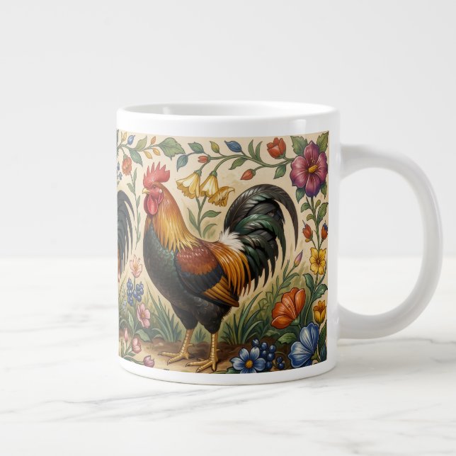 Three roosters in a blooming garden large coffee mug (Right)