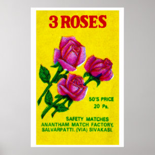 Three Roses Matchbox Art Print, Indian Vintage Poster