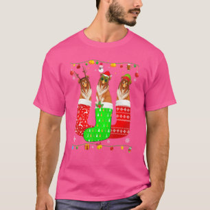 Three Rough Collie Dog In Christmas Socks Matching T-Shirt