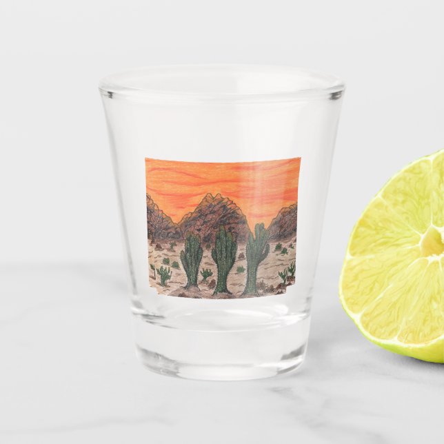 Three Saguaro Cacti in a Beautiful Desert Sunset   Shot Glass (Front)
