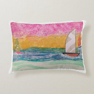 Three Sailboats Pink Sky  Decorative Cushion