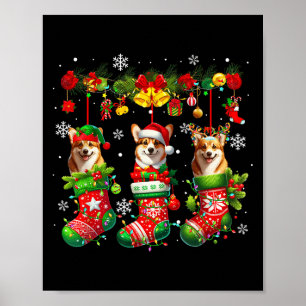 Three Santa Elf Corgis Inside Xmas Socks Owner Kid Poster