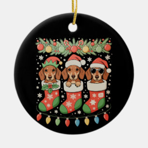 Three Santa Elf Dachshunds Christmas Socks Funny Ceramic Tree Decoration