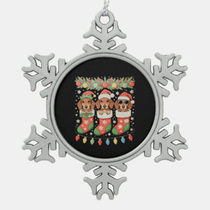 Three Santa Elf Dachshunds Christmas Socks Funny Snowflake Pewter Christmas Ornament
