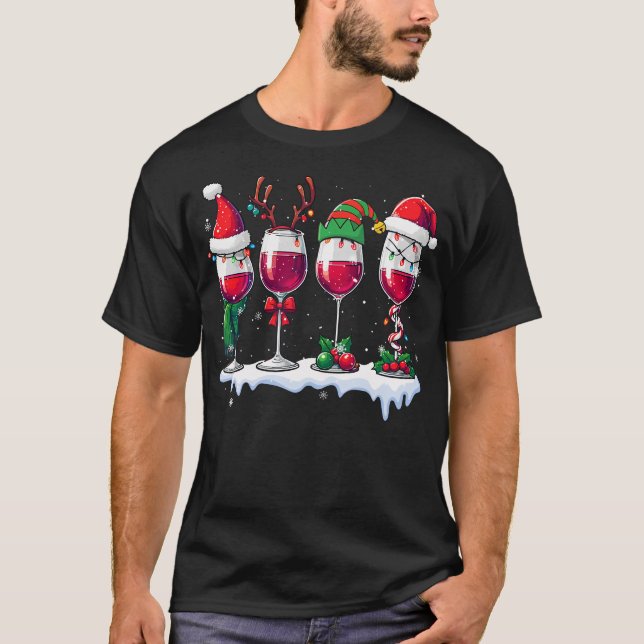 Three Santa Elf Reindeer Wine Glasses Christmas Dr T-Shirt (Front)