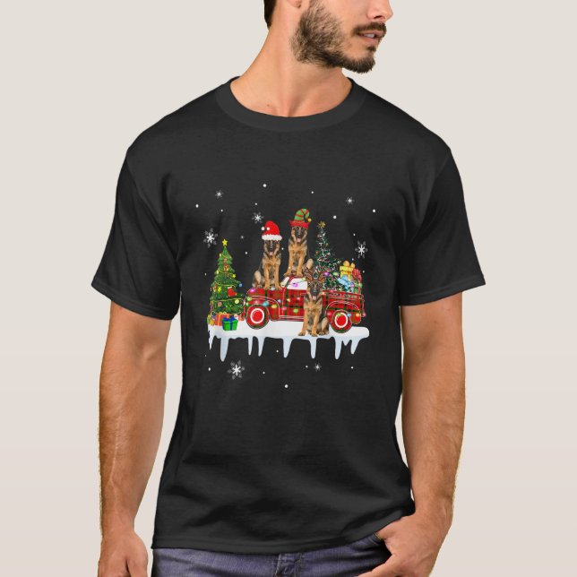 Three Santa Reindeer Elf German Shepherds Xmas Pic T-Shirt (Front)