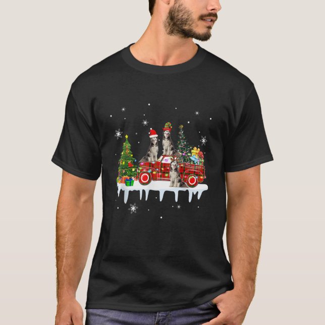 Three Santa Reindeer Elf Huskies On Xmas Pickup Tr T-Shirt (Front)