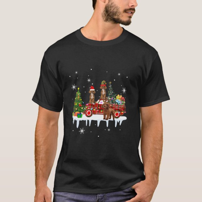 Three Santa Reindeer Elf Poodles On Xmas Pickup Tr T-Shirt (Front)