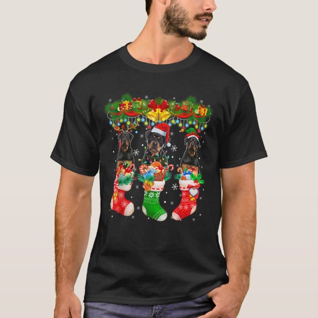 Three Santa Reindeer Elf Rottweiler Dogs In Christ T-Shirt (Front)
