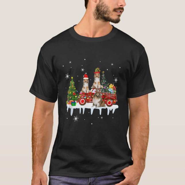Three Santa Reindeer Elf Shetland Sheepdogs On Pic T-Shirt (Front)