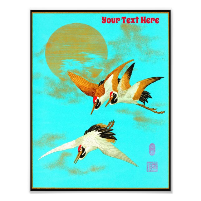 Three sarus crane flying in front of the moon photo print (Front)