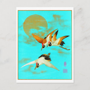 Three sarus crane flying in front of the moon postcard