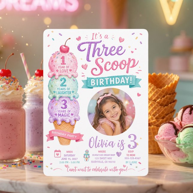 Three Scoop Birthday Invitation with Photo  (Creator Uploaded)