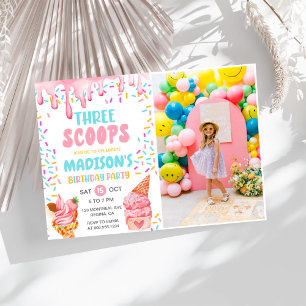 Three Scoops Girls Ice Cream 3rd Birthday  Invitation