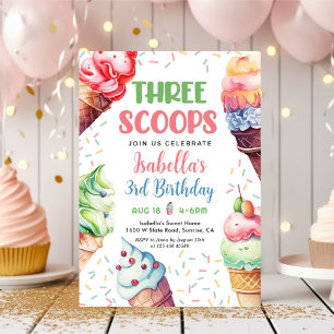 Three Scoops Girls Ice Cream 3rd Birthday  Invitation