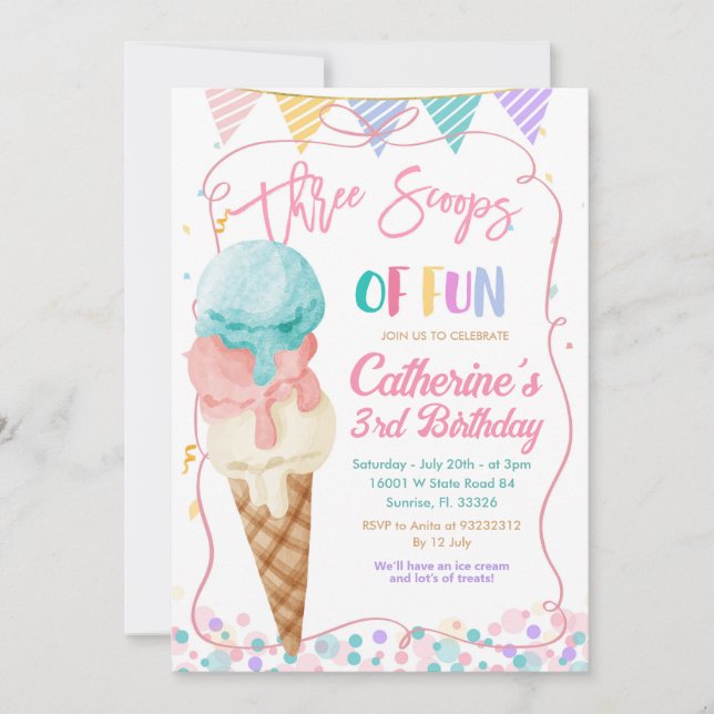 Three Scoops Of Fun 3rd Birthday Ice Cream Party Invitation (Front)