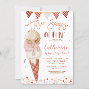 Three Scoops Of Fun 3rd Birthday Party Glitter Invitation