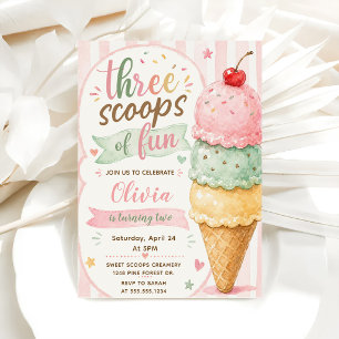 Three Scoops Of Fun 3rd Birthday Party Invitation