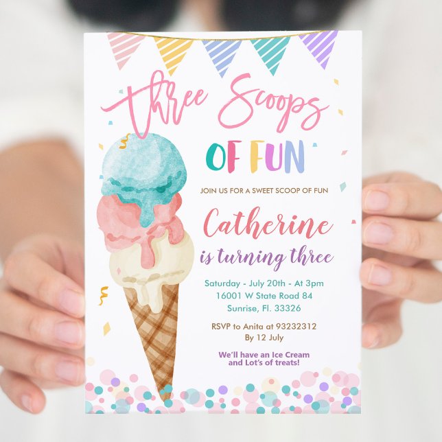 Three Scoops Of Fun 3rd Birthday Party Invitation (Creator Uploaded)