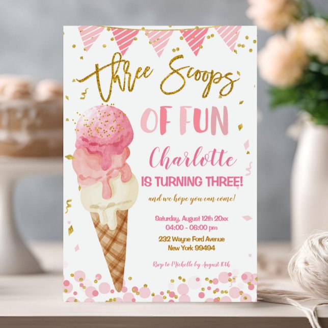 Three Scoops Of Fun Ice Cream 3rd Birthday Party Invitation (Creator Uploaded)