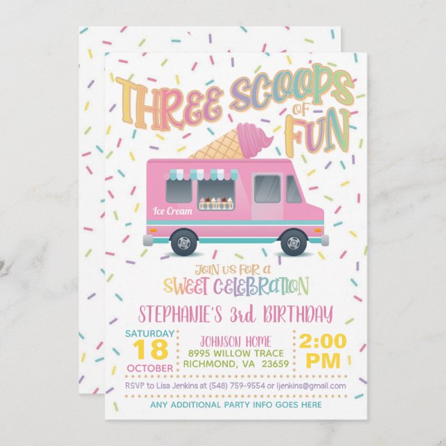 Three Scoops of Fun Ice Cream Birthday Invitation (Front/Back)