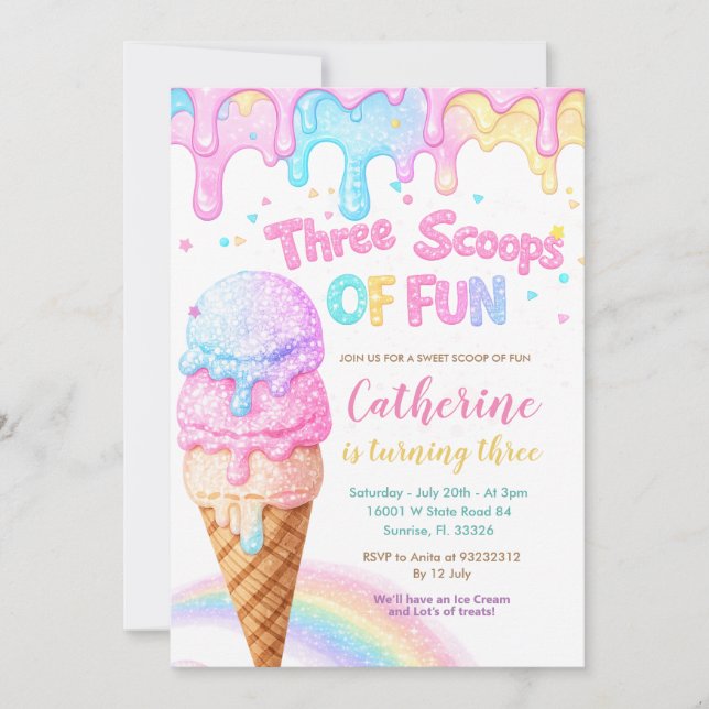 Three Scoops Of Fun Ice Cream Birthday Party  Invitation (Front)